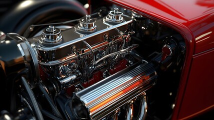 Wall Mural - 2. **Detailed 3D model of a vintage car engine showcasing its classic components and chrome accents