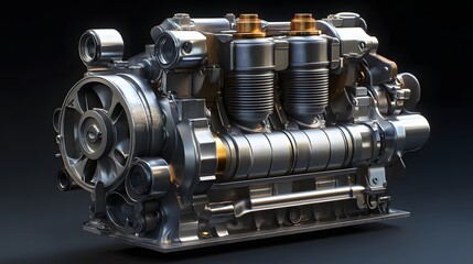 Wall Mural - 3. **High-resolution 3D render of a powerful diesel engine with exposed pistons and cylinders