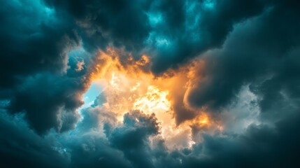 Dramatic landscape, dominated by a dark and stormy sky, with the sun's rays breaking through the clouds, creating a high-contrast image that captures the power and intensity of the approaching weather