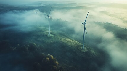 Poster - Wind Turbines in a Misty Landscape