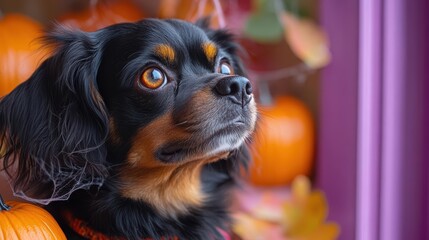 Wall Mural - A small black and brown dog with big brown eyes looks up inquisitively