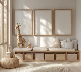 Poster - Cozy Playroom Interior with Wooden Frames and Stuffed Animals