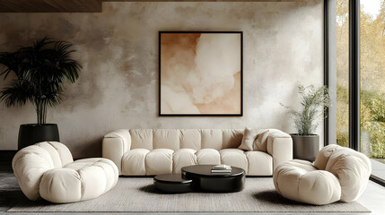 Wall Mural - A modern living room featuring a beige sofa, armchairs, and abstract wall art.