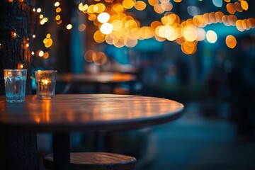 Streamlined, blurred background of street bar or restaurant outdoor. People sit and chill, hang out, and take dinner while listening to music. People taking dinner while listening to music.