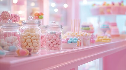 Sticker - A pink candy store display filled with jars of sweets, lollipops, and pastel-colored treats.