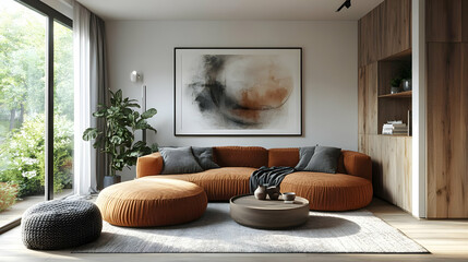 A modern living room featuring a cozy orange sofa, art, and plants, promoting relaxation.