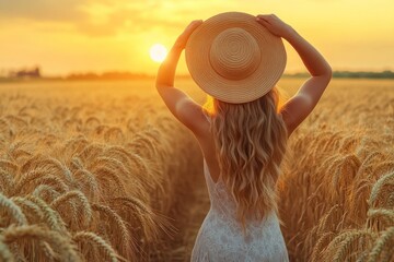 Wall Mural - Golden Hour Serenity: Woman in Wheat Field