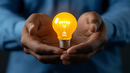 A person holding a glowing light bulb, symbolizing ideas, inspiration, and innovation in a creative environment.