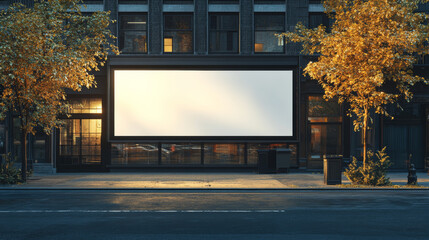 Wall Mural - large blank billboard on a building facade at sunset, an ideal mockup for urban advertising framed b