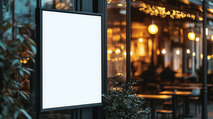 Wall Mural - outdoor billboard next to a cozy restaurant with warm lights, offering a great mock up for evening p