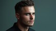 © fotofabrika - A young man with stylish hair and intense gaze poses against a muted background in a modern urban setting