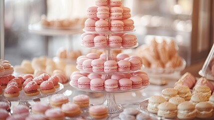 Poster - A pink macaron tower displayed elegantly at a bakery, surrounded by other pastel-colored treats