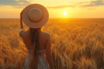 Wall Mural - Woman in a Wheat Field at Sunset