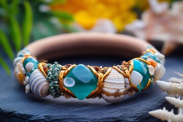 Wall Mural - A sea-inspired bracelet made from polished sea glass, shells, and natural fibers, reflecting the hippie love for nature and the ocean