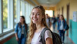 © abu - Sweet high school girl with a backpack, smiling and relaxed in a vibrant school corridor.