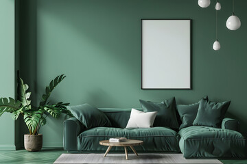 Loft style Living room and green wall sofa mock up frame - 3d rendering. Generative Ai.