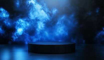 Wall Mural - Abstract scene with a blue neon light and a circular platform