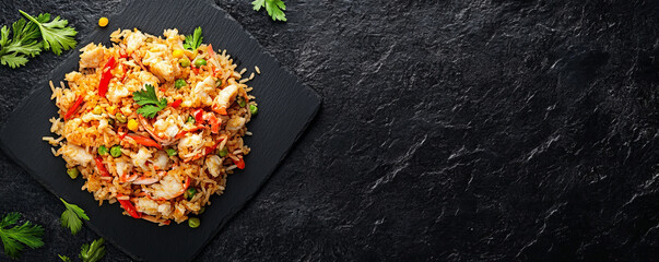 Delicious Thai fried rice with crab served on black slate, garnished with fresh herbs, creating vibrant and appetizing dish perfect for any meal