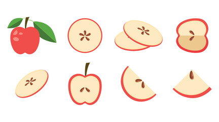 Big vector set of red fresh apples icon. Apple fruits on white isolated. Apple slices collection