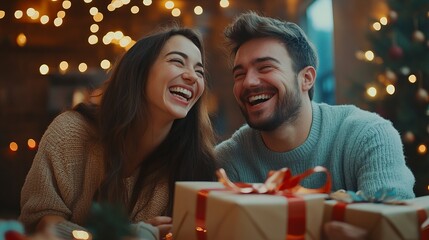 Young couple laughing together as they wrap gifts, with ribbons and wrapping paper scattered around them. 4K hyperrealistic photo.