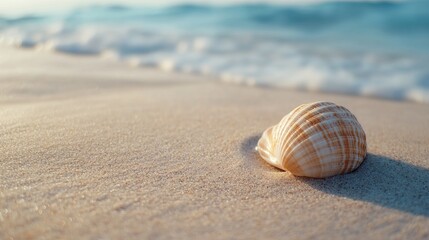 Minimalist close-up of a single seashell on a smooth sandy beach, with soft focus and natural textures creating a peaceful, simple scene, 4K hyperrealistic photo.