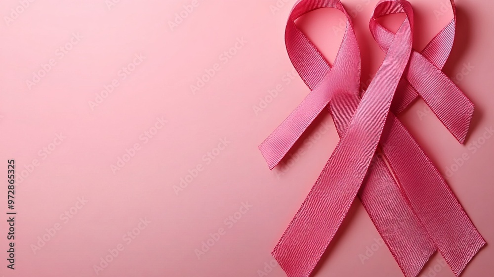 This image displays three distinct pink ribbons on a soft pink ...