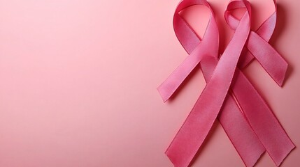 This image displays three distinct pink ribbons on a soft pink background, widely recognized as a symbol of breast cancer awareness and support for affected individuals.