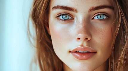 Wall Mural - Close-up photo of a young woman, her skin radiant and smooth, showcasing the benefits of cosmetic treatments