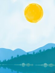 Sticker - A bright sun shines over a serene landscape of blue mountains and still water.