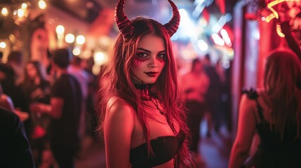 Wall Mural - A young woman dressed up as a devil at a Halloween party