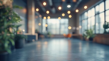 Blurred empty open space office. Abstract light bokeh at office interior background