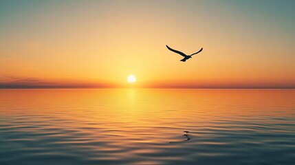 Minimalist sunset with a single bird flying across a clear sky, warm golden hues reflecting off calm water, capturing the beauty of simplicity in nature, 4K hyperrealistic photo.