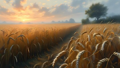 Wall Mural - Ethereal harvest scene in misty wheat fields with gentle winds, blending Gothic elements and soft contrasts for a dreamy atmosphere