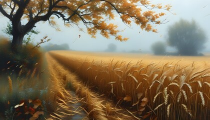 Wall Mural - Ethereal harvest scene in misty wheat fields with gentle winds, blending Gothic elements and soft contrasts for a dreamy atmosphere