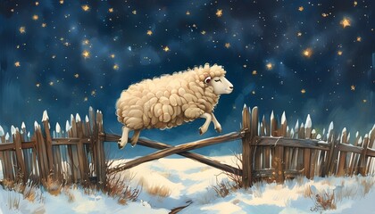 Wall Mural - Fluffy sheep leaping over a wooden fence beneath a starlit sky, embodying dreams and tranquil slumber in a whimsical illustration