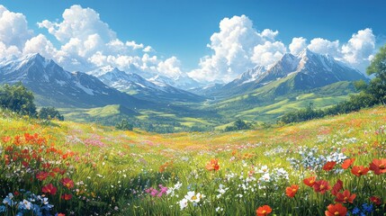 A vibrant mountain landscape filled with colorful wildflowers.