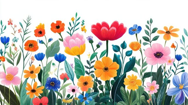 Bright and vivid flowers intricately designed, forming a lush and vibrant flat floral illustration on a clean white background