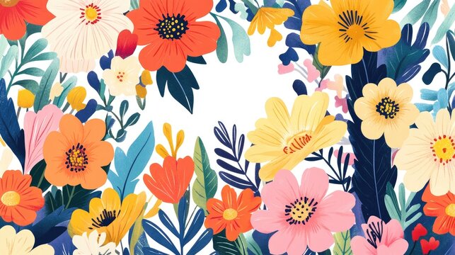 Bright and vivid flowers intricately designed, forming a lush and vibrant flat floral illustration on a clean white background