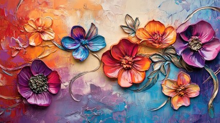 Wall Mural - Embossed floral designs with vibrant colors and swirling abstract patterns, forming a textured painting full of artistic details