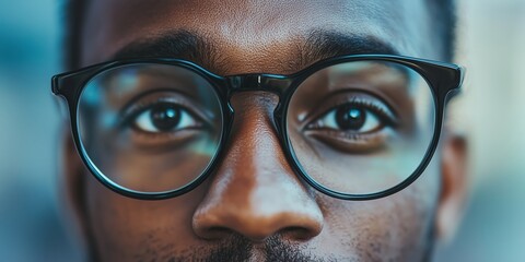 A stylish pair of black glasses worn by an individual, captured against a soft blue and grey background.