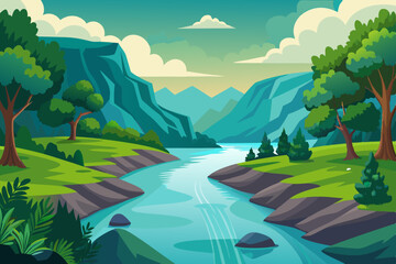 Wall Mural - Rocky Rivers in the middle of beautiful hill with trees and lush grass