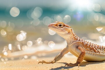 A lizard basking in the warm sun on a sandy beach with glimmering ocean waves in the background