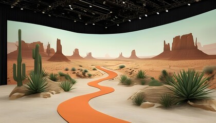 Wall Mural - Desert-themed runway show featuring simulated western environment with desert plants and winding road for models to showcase fashion