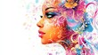 © samrit - Stylized woman's face adorned with swirling shapes and floral patterns in shades of pink, blue, and yellow, set against a white background