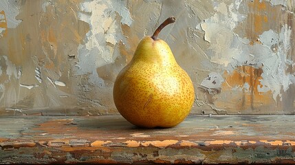 A single ripe pear rests on a weathered wooden surface against a textured backdrop.