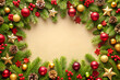 © Olga's Design - Christmas wreath decorated with ornaments and pine cones, featuring copy space in the center
