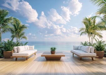 Wall Mural - There is a large wooden terrace with a sea view 3d rendering. It has wooden floors, glass railings, furniture decorated with fabric and rattan, and a large tree pot.