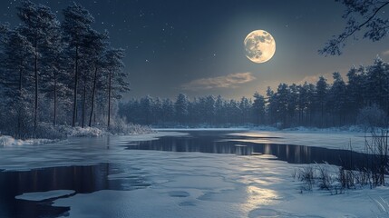 Sticker - Frozen lake in a snowy forest under the light of the full moon, with the ice reflecting the moonlight and the trees silhouetted against the night sky. 4K hyperrealistic photo.