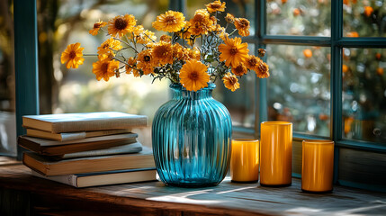 Wall Mural - A serene indoor scene with a blue vase of flowers, books, and candles by a window.