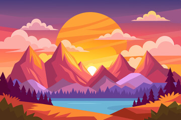 Poster - Summer simple landscape with high mountain range and green forest vector illustration